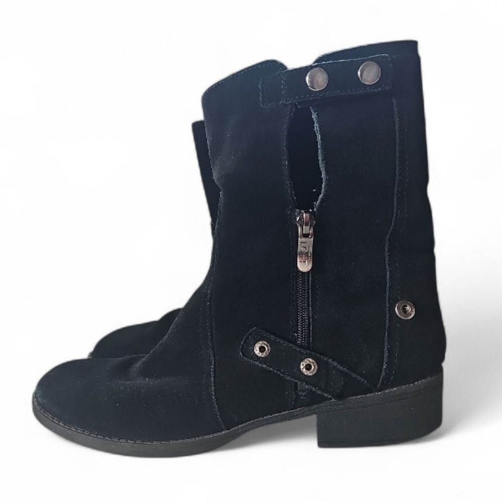 LOFT Black Suede Moto Ankle Boots Women's 8.5 Leather Buckle Zip Biker Booties